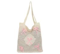 Mesh Knitted Bow Beach Tote - Bohemian sweet-style bag with large capacity and lightweight design, perfect for girls and ladies on summer vacation.