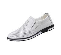 Mesh Leather Shoes Men, Solid Color Casual Shoes Lightweight Comfotrable Business Footwear Breathable Flat Bottom Walking Shoe Shallow Outdoor Workout Training Shoe Non-Slip Running Footwear White