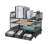 Mesh Letter Tray Organiser 4-Layer Organiser, with 2 Pen Holders and 1 Drawer, Desk File Rack Paper Letter Tray Organizer for Home Office School Black