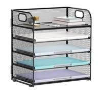 Mesh Letter Tray Organiser - 5 Tier Paper Organizer, Mesh Desk Organiser with Handle, Black File Document Holder A4 Filing Trays, Desk File Rack Paper Letter Tray Organizer for Home Office School