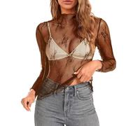 Mesh Long Sleeve Layering Top for Women Mock Neck Floral Embroidery Sheer See Through Tee Shirt Blouse Girls Medium Long Sleeve Shirts Brown