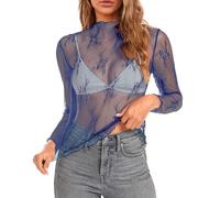 Mesh Long Sleeve Layering Top for Women Mock Neck Floral Embroidery Sheer See Through Tee Shirt Blouse33 Blue