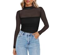 Mesh Long Sleeve Tops for Women Round Neck See Though Ruched Going Out Top (Black,S)