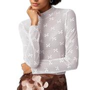 Mesh Long Sleeve Tops for Women Sexy Crew Neck See Through Tee Shirts Party Club Night Lace Blouse Polka Dot Embroidered Sheer Layering Tops