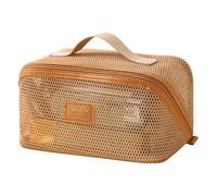Mesh Makeup Bag Travel Toiletry Organizer | Mesh Fabric 24x13x13cm Black Large Capacity Case | Portable Flat Opening Cosmetic Storage Pouch for Women Carrying Skincare Brushes