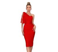 Mesh One Shoulder Bow Bodycon Midi Graduation Birthday Dinner Dress Bandage Party Dress, A-red, M