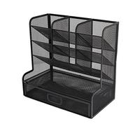 Mesh Pen Organizer with Tilt Design, Pencil Holder for Desk, 9 Compartments Vertical Structure Perspective Mesh Art Organizer, Includes Bottom Drawer for Office Supplies, Black Met