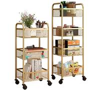 Mesh Rolling Utility Cart Metal Organization with Lockable Wheels,Multifunctional Storage Trolley Service for Kitchen Living Room Salon(Gold,4 Tier)