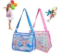 Mesh Seashell Beach Toy Bags - Shell Collecting Totes with Expandable Beach Sand Toy, Printing and Adjustable Carrying Straps (2pcs, Dark Blue + Pink)