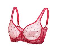 Mesh See Through Unlined Sheer Bra Full Coverage Lace Bralette for Women, Red Bra, 38DD