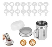 Mesh Shaker - Sifter with Lid and Handle Suger Fine Flour Duster Shaker Stainless Steel Container Sifter with 16 Coffee Stencils DIY for Sprinkling Baking Latte Coffee Coco