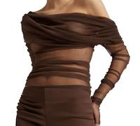 Mesh Sheer Crop Tops Off The Shoulder T-shirt Women Long Sleeves Slim Fit Cover-Ups Tees(Brown,Small)