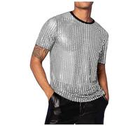 Mesh Shirt Men's Muscle Transparent T-Shirt Short Sleeve Shirts Short Sleeve Shirt with Rhinestone Sequins T-Shirt Club Party Shirt Glitter Clubwear Shiny T-Shirts Disco Costume, A silver, L