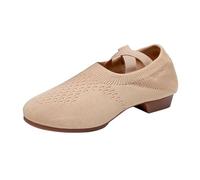 Mesh Shoes Women Elegant Wide Fit Shoes Womens Comfortable Slip On Strappy Round Toe Dance Shoe Low Block Heels Trendy Comfy Summer Women's Flats Lounge Vintage Outdoor Flat Shoe Khaki