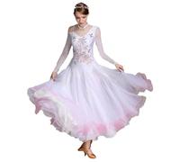Mesh Splice Ballroom Dance Dresses for Women Modern Waltz Performance Costume Standard Salsa Tango Dancing Outfit,White,XL