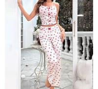 Mesh Stitching Printed Womens Two Piece Pajamas Sleeveless Design Casual Homewear Suitable for All Season Comfort (XL White1)