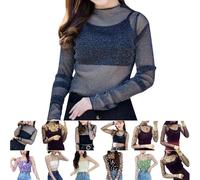 Mesh Top Mesh Long Sleeve Top Women One Size Glitter Crew Neck Long Sheer Top Sexy See Through Solid Soft Net Blouse Breathable High Elasticity Arm Shaper Party Shirt Womens Sexy # f