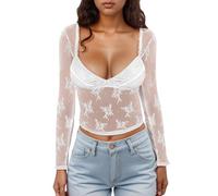 Mesh Top Women's Elegant Sexy Blouse Shirt Floral Pattern Mesh Top Women's Blouse Transparent New Year's Eve Outfit Shirt Transparent Y2k Long Sleeve Shirt for Disco Club Rave Party, White, S