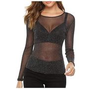 Mesh Top Women'S Transparent Glitter Mesh Top Black Transparent Long Sleeve Shirt, Bikini Cover Ups For Women