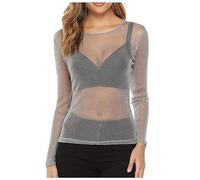 Mesh Top Women'S Transparent Glitter Mesh Top Black Transparent Long Sleeve Shirt, Bikini Cover Ups For Women