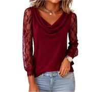 Mesh Tops for Women,Casual Cowl Neck Lace Mesh Long Sleeve Shirts Solid Color Sexy Slim Fit Dressy Casual Blouses Going Out Tops Spring Basics Fashion Outfits(Wine,M)