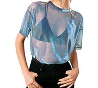 Mesh Tops for Women Shiny Metallica T Shirt Sexy Sheer Short Sleeve Round Neck Blouses Sparkle Disco Holographic Transparent Tshirt Festival Tops Dance Performance Costume Outfits for Carnival Party