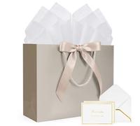 MESHA 1PCS Large Gift Bags Set with handles and Bow Ribbon, 2 Greeting Cards and 1 Matching Envelope with 4 Tissue Paper ,Champagne Luxury Portable Paper Gift Bag for Baby Shower Birthday Party Favor