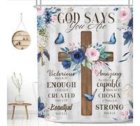 MESHELLY Christian Flower Shower Curtain 60Wx72H Rustic Farmhouse Cross Teal Bible Verse Scriptures Bathroom Curtain Inspiration Quote Bath Curtain Fabric Motivational Bathroom Decor with 12 Hooks