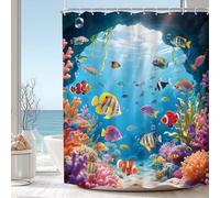MESHELLY Ocean Shower Curtain for Kids - Colorful Underwater World with Tropical Fish & Coral Bathroom Decor with 12 Hooks, 60 x 72 in Waterproof Fabric Home Decor for Summer-Themed Blue Sea Bath