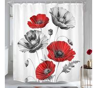 MESHELLY Red Gray Poppy Shower Curtain 72Wx72H Rustic Blooming Spring Wildflower Floral Vintage Elegant Botanical Plant Bathroom Curtain Nature Bath Curtain Bathroom Accessories Decor with 12 Hook