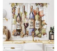 MESHELLY Rustic Red Wine Kitchen Curtains 27.5Wx39H Inch Rod Pocket Vintage Farmhouse Grape Glass Leaves Fruit Bedroom Window Drapes Positive Quote Printed Living Room Window Treatment Fabric 2 Panels