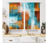 MESHELLY Teal Grey Kitchen Curtains 27.5Wx39H Inch Rod Pocket Square Geometric Checkered Blocks Contemporary Oil Paint Bedroom Window Drapes Colorful Aesthetic Printed Living Room Window Treatment