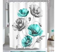 MESHELLY Vintage Teal Gray Poppy Shower Curtain 60Wx72H Floral Wildflower Blossom Elegant Rustic Botanical Plant Bathroom Curtain Spring Nature Bath Curtain Bathroom Accessories Decor with 12 Hook