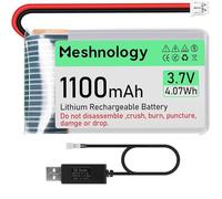 Meshnology 3.7V 1100mAh Li Battery with USB Charger Cable 102540 1S LiPo Battery with Protection Board Insulated Rubber Tape and Micro JST 1.25 Plug for Arduino ESP32 Module Board Drone RC Car (1Pack)