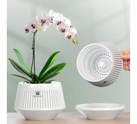 Meshpot 12 cm Orchid Pots with Holes for Repotting,Set of 2,Decorative Orchid Planter with Air-Pruning and Good Air Circulation,Plastic White Orchid Container with Saucers