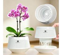 Meshpot Orchid Pots with Holes for Repotting, Decorative Orchid Planter with Air-Pruning and Good Air Circulation, Plastic White Orchid Container with Saucers, 12 cm, Set of 1