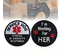 MESINURS Service Dog Tags, Working for Her/Stress & Anxiety Response Harness Patch with Hook & Loop Backing for Training Vest & Gear (A) 2 Pcs