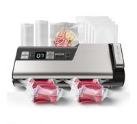 Mesliese Vacuum Sealer Machine 95kPa 140W, 20 L/min Suction Speed, One-Hand Operation Food Sealer, Double Seal Strip with Built-in Cutter & Countdown Display, 2 Bag Rolls & 5 Pre-cut Bags Included