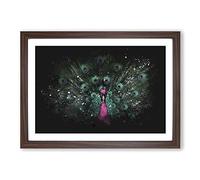 Mesmerising Pink & Green Peacock Paint Splash Framed Print | A2 Walnut Framed Wall Art | Ready to Hang | Modern Animal Picture | Living Room Bedroom Lounge Office