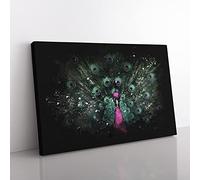 Mesmerising Pink & Green Peacock Paint Splash Modern Art Canvas Wall Art Print Ready to Hang, Framed Picture for Living Room Bedroom Home Office Décor, 60x40 cm (24x16 Inch)