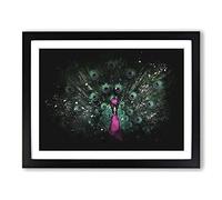Mesmerising Pink & Green Peacock Paint Splash Modern Art Framed Print | A2 Black Framed Wall Art | Ready to Hang | Modern Animal Picture | Living Room Bedroom Lounge Office