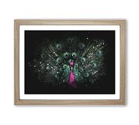 Mesmerising Pink & Green Peacock Paint Splash Modern Art Framed Print | A2 Oak Framed Wall Art | Ready to Hang | Modern Animal Picture | Living Room Bedroom Lounge Office