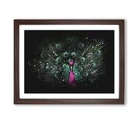 Mesmerising Pink & Green Peacock Paint Splash Modern Art Framed Print | A2 Walnut Framed Wall Art | Ready to Hang | Modern Animal Picture | Living Room Bedroom Lounge Office