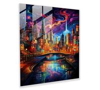 Mesmerizing Glass Print: Psychedelic Neon City Skyline Glass Wall Art, 28" x 28"