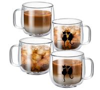 MESNEY Double Wall Glass Coffee Mugs, 300ml Glass Coffee Cup with Black Cat Design, Borosilicate Clear Mug Set of 4, Insulated, Heat-Resistant, Dishwasher Safe
