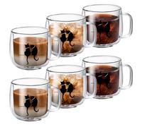 MESNEY Double Wall Glass Coffee Mugs, 300ml Glass Coffee Cup with Black Cat Design, Borosilicate Clear Mug Set of 6, Insulated, Heat-Resistant, Dishwasher Safe