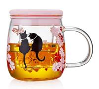 MESNEY Glass Tea Cup with Infuser and Lid (16.2oz/480ml), Borosilicate Glass Tea Infuser Mugs for Loose Leaf, Blooming & Bagged Drinks, Cute Cat & Sakura Design
