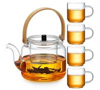 MESNEY Glass Teapot Set, 1100ml Glass Tea Pot with 4Pcs Tea Cups, Teapot with Strainer, Heat-Resistant Borosilicate Glass, Stovetop Safe