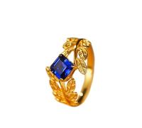 Mesnt 14K Yellow Gold Leaf Branch Design Solitaire Promise Ring for Women with Square Lab Sapphire 1.5ct, Size U 1/2
