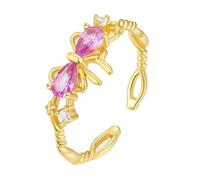 Mesnt 18K Gold Ring Adjustable, Ladies 750 Yellow Gold Vintage Open Ring with Bowknot and Pink Created Morganite, Size O 1/2